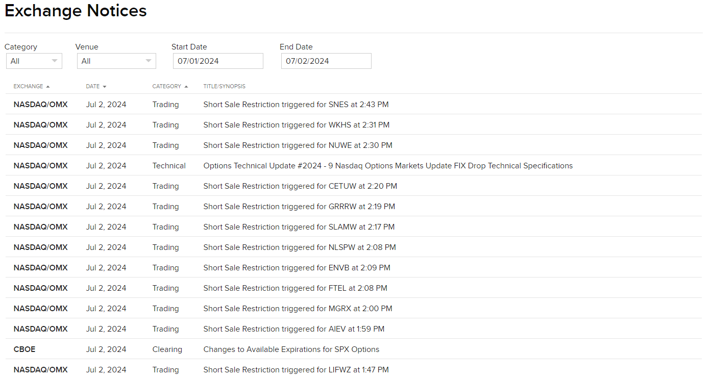 Image of the exchange notices panel in portal. 